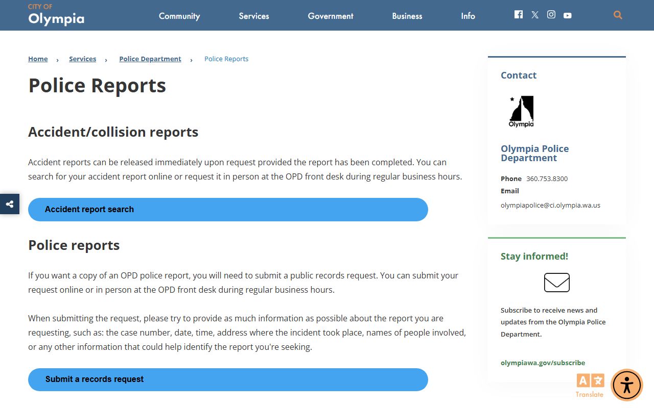 Olympia busted mugshots and police records request page