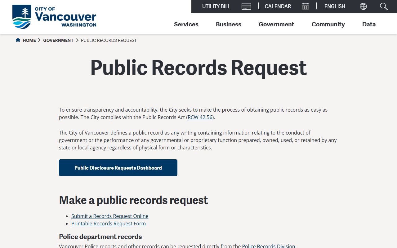 Vancouver busted mugshots and public records request page