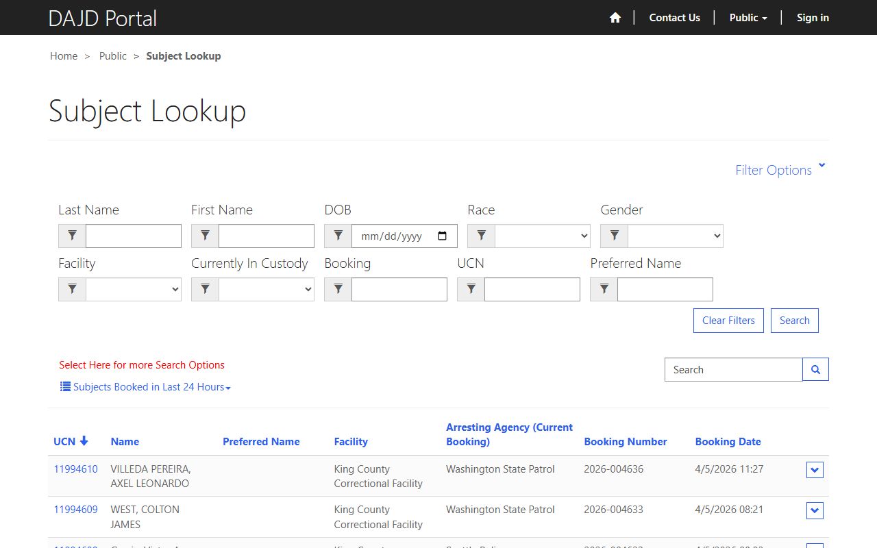 King County jail subject lookup busted mugshots search