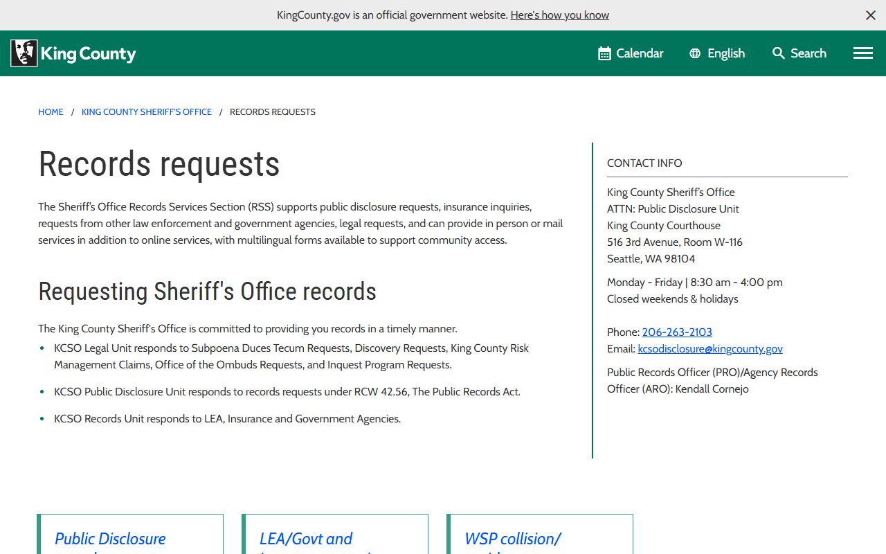 King County Sheriff records and busted mugshots request page